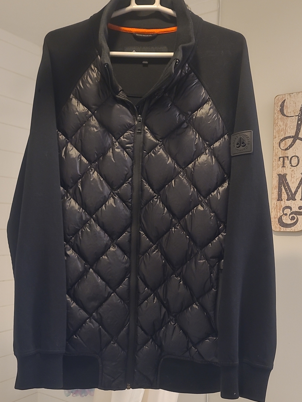 Moose Knuckles Black Quilted Front Puffer Jacket with Knit Raglan Sleeves